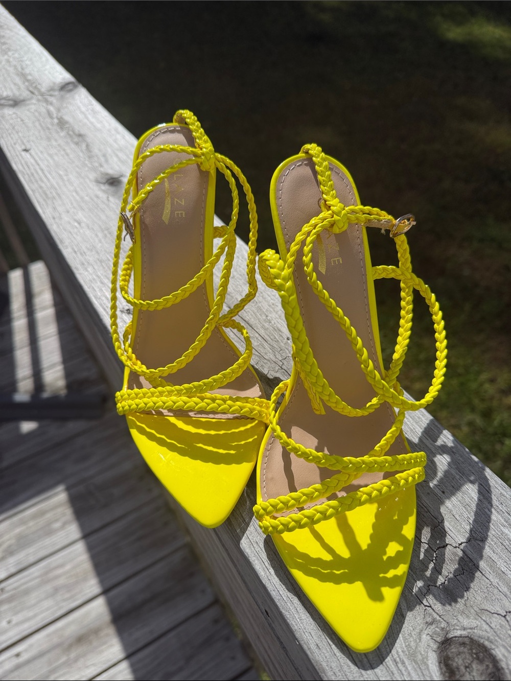 Glaze Braided Strappy Pointed-Toe Heels in Yellow